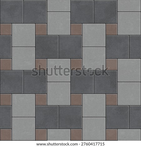 Modern geometric paving block pattern with a mix of dark grey, light grey, and brown accents. Seamless concrete tile texture for outdoor flooring design