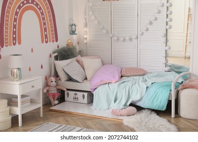 Modern Girl's Bedroom Interior With Stylish Furniture. Idea For Design