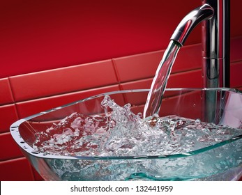 Modern Glass Bathroom Sink With Running Water And Red Tiles