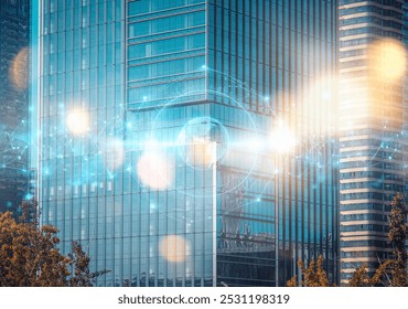 A modern glass building with a digital overlay of a glowing globe and network lines.