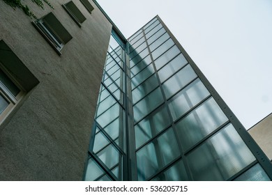 Modern Glass Elevator On Typical Apartment House - Exterior