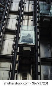 Modern Glass Futuristic Elevator Outside The Steel Building, Skyscraper