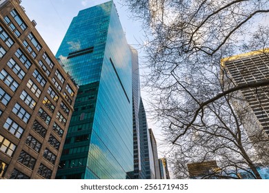 Modern glass skyscraper reflecting sky and clouds, surrounded by leafless trees and neighboring historic buildings in New York City. - Powered by Shutterstock