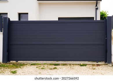 modern gray slide gate aluminum portal outdoor suburbs house street