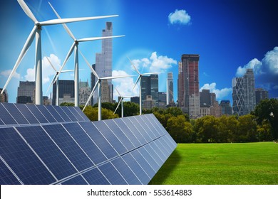 Modern green city powered only by renewable energy sources concept