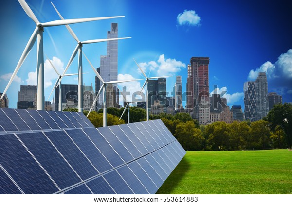 Modern green city powered only by renewable energy sources concept