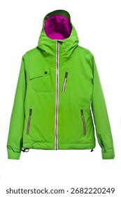 Modern green ski jacket isolated on white background, studio shot.