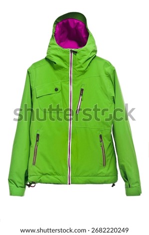 Modern green ski jacket isolated on white background, studio shot.