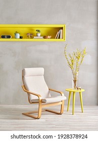 Modern Grey Room Home Interior Style With Stone Wall Concept, Single Rocking Chair, Yellow Bookshelf And Niche, Wicker Vase Of Plant.