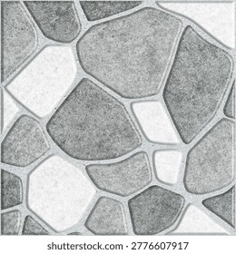 Modern grey stone pattern floor tile design wallpaper. A top-down view of a square tile with a modern irregular stone pattern in grey and white tones. The texture is grainy with light grout lines suitable for interior and exterior surfaces.