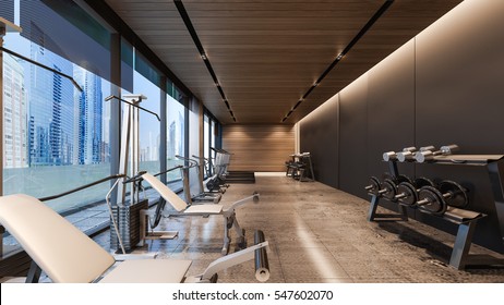 Modern Gym With Concrete Floor / 3D Rendering