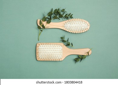 Modern Hair Brushes And Plants On Green Background, Flat Lay