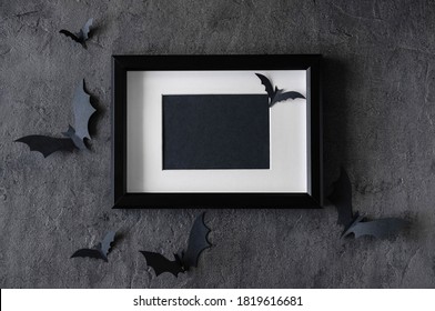Modern Halloween Background With Bats And Black Frame On Dark Background. Halloween Party Invitation Card Mockup. 