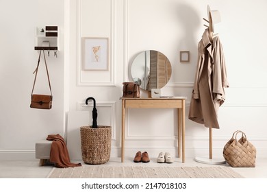 Modern Hallway Interior With Stylish Dressing Table And Key Holder