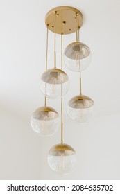 Modern Hanging Light Fixture, Gold Chandelier With Round Glass And Edison Bulbs