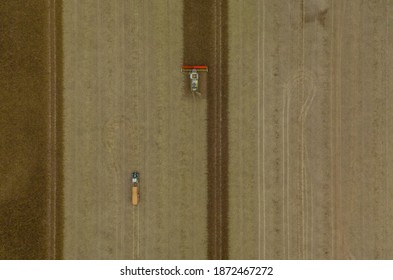 Modern Harvest Work From The Dynamic Aerial Perspective In Germany.