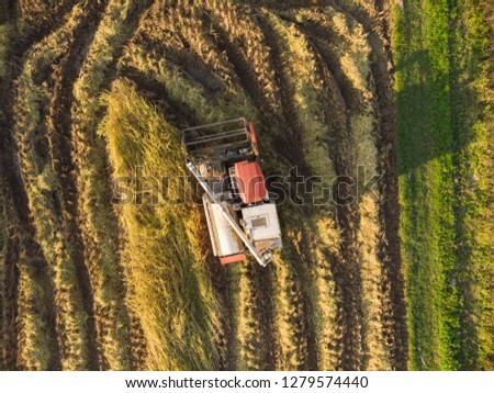 Similar – Combine harvester harvests grain field in the evening light from the air