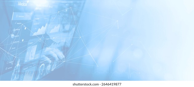 A modern healthcare dashboard interface with data charts, doctor profiles, and medical icons overlaid on a soft blue digital background. Connected by glowing network lines,