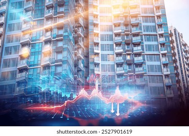 A modern high rise apartment building in Hong Kong with a digital overlay of stock market charts showing a downturn.