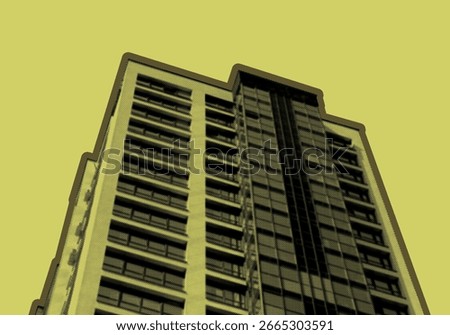 modern high rise condominium in developing urban neighborhood. Tall residential block with contemporary facade. City architecture, housing, property and real estate investment.