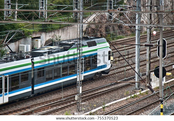 Modern high speed train. traffic of passenger\
trains in Europe outside\
metropolis