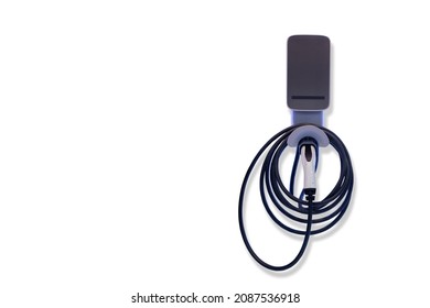 Modern and high technology of transportation electric vehicle charging (Ev) station with plug of power cable supply for Ev car or hybrid isolated on white background, copy space for text.