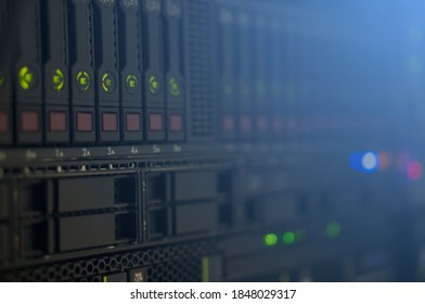 A modern, high-performance server in an indoor operator's room. Server for creating cryptocurrency. High speed of information processing. Hacker's server.