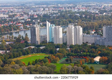 Modern highrise buildings in Vienna . Vienna District in Kaisermuhlen . Modern European city view from above 