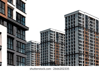 Modern highrise condominium complex in developing metropolitan district. Tall multistorey residential block with balconies and contemporary facade. isolated on white background.