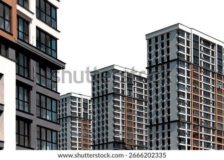 Modern highrise condominium complex in developing metropolitan district. Tall multistorey residential block with balconies and contemporary facade. isolated on white background.