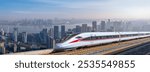 Modern High-Speed Train Against a Stunning Urban Skyline  