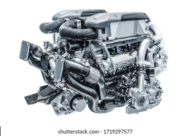 Modern high-tech and efficient engine isolated on a white background. Concept of valve maintenance and gasoline consumption