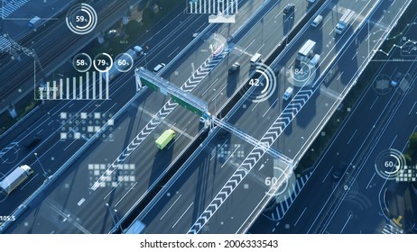 Modern highway aerial view and various charts. Transportation and technology concept. ITS (Intelligent Transport Systems). Mobility as a service.