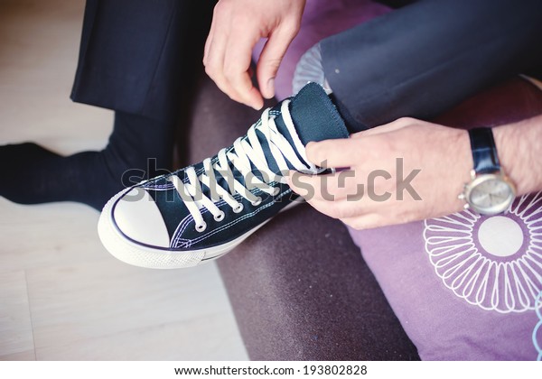 Modern Hipster Wedding Groom Wearing Sneakers Stock Photo 193802828 ...