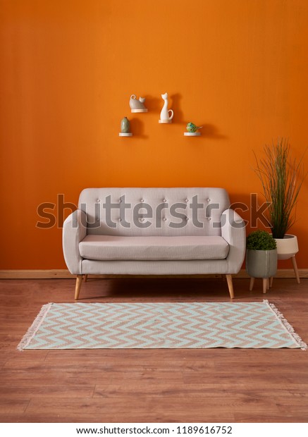Modern Home Decoration Orange Wall White Objects Stock Image 1189616752