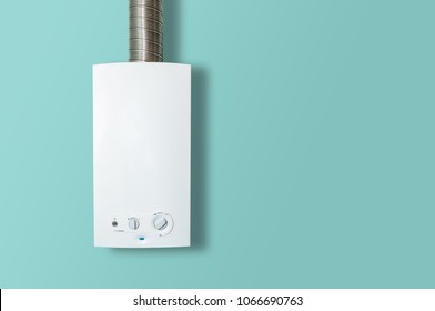 Modern home gas boiler, water heater. An isolated gas stove on a pastel turquoise background. Water heating, ecology. Concept lifestyle. - Shutterstock ID 1066690763