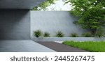 Modern home interior design with zen garden. Luxury house with empty concrete wall with sun light, green tree and outdoor plants.