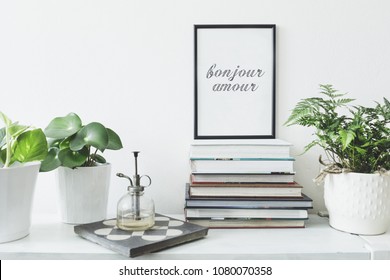 Modern home interior with mock up frame ,plants and vintage sprinkler on the shelf. White wall. Concept of mock up poster.  - Powered by Shutterstock