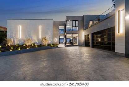 Modern home with landscaped concrete driveway, New Construction Home in Tarzana, California - Powered by Shutterstock