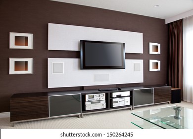 Modern Home Theater Room Interior With Flat Screen TV, Modern Contemporary Apartment With TV