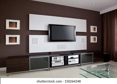 Modern Home Theater Room Interior with Flat Screen TV