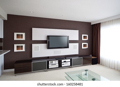 Modern Home Theater Room Interior With Flat Screen TV