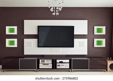 Modern Home Theater Room Interior With Flat Screen TV Frontal View