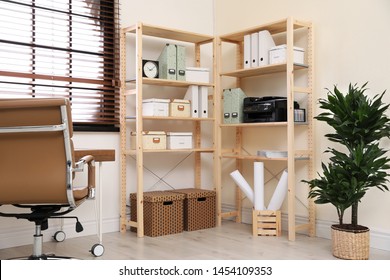 Modern Home Workplace With Wooden Storage. Idea For Interior Design