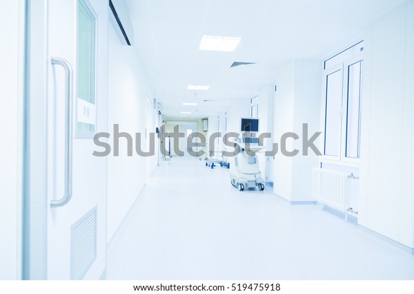 Modern Hospital Corridor Ultrasound Machine Stock Photo