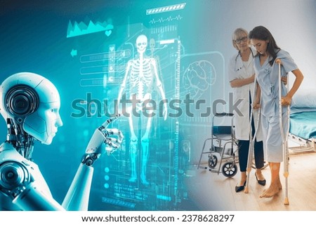 Modern Hospital Physical Therapy: Patient with Injury Walks with doctor Robotic Exoskeleton. Physiotherapy Rehabilitation Scientists, 
