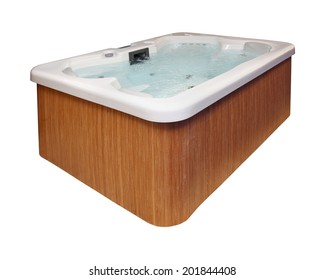 Modern Hot Tub With Wooden Frame Isolated With Clipping Path Included