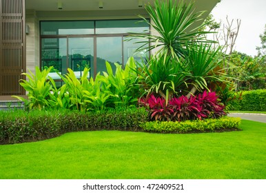 Modern House With Beautiful Landscaped Front Yard, Garden With Fresh Green Grass Both Shrub And Flower Front Lawn Background, Garden Landscape Design Fresh Grass Smooth Lawn With Curve Form Bush.