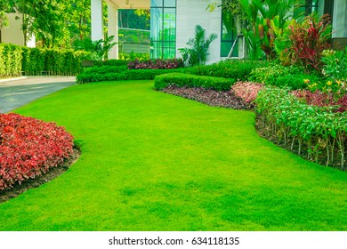 Modern House With The Beautiful Landscaped Front Yard, Garden With Fresh Green Grass Both Shrub And Flower Front Lawn Background, Garden Landscape Design Fresh Grass Smooth Lawn With Curve Form Bush. 