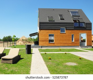 Modern House Construction. Solar Water Heating (SWH) Systems Use Roof Solar Panels. Home Skylights, Dormer, Ventilation. Eco Smart House Energy Efficiency. 